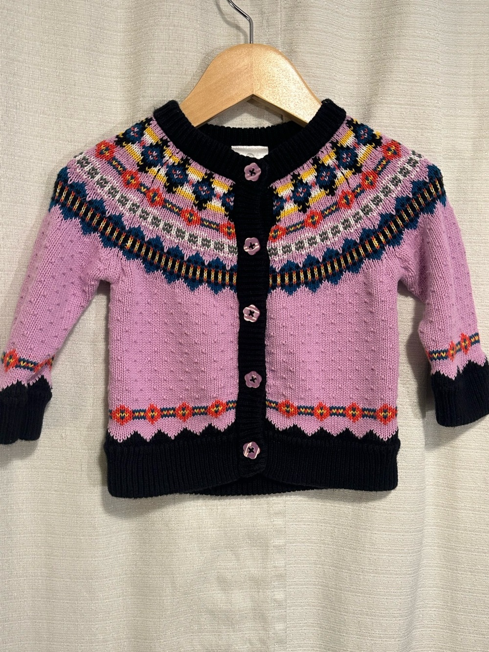 Hanna Andersson Purple Fair Isle Knit Cardigan Flower Buttons 3-6 Months